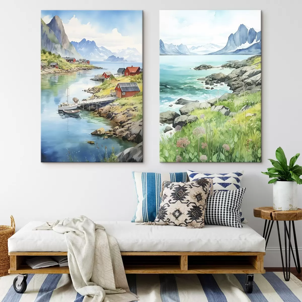 Wandbilder Norwegen Natur, Lofoten Inseln, Sommerlandschaft, rote Häuser, Berge, Boote m00421