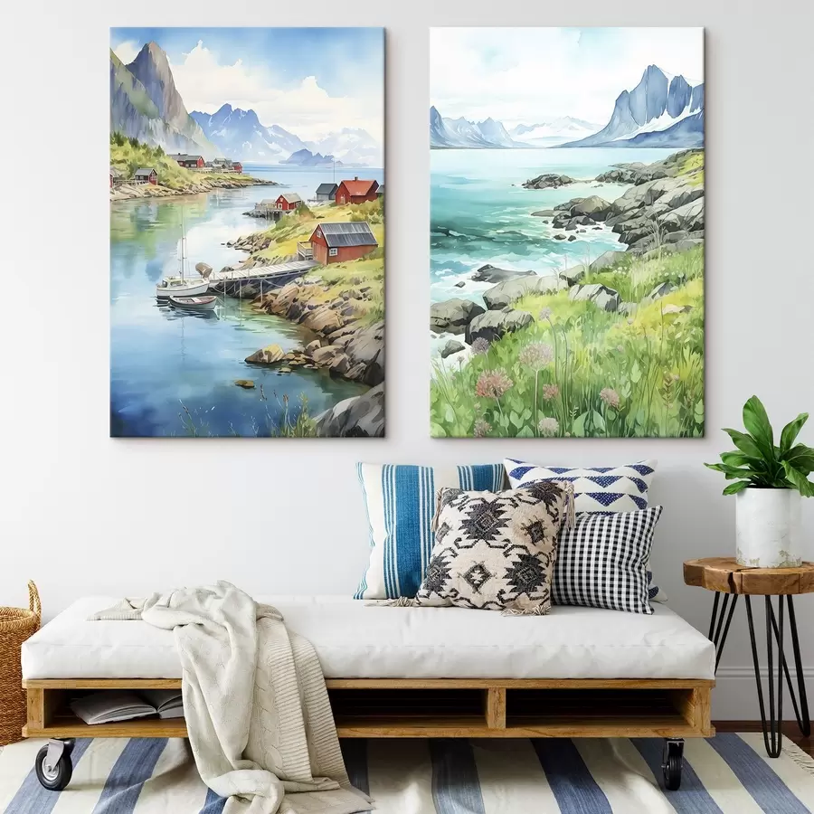 Wandbilder Norwegen Natur, Lofoten Inseln, Sommerlandschaft, rote Häuser, Berge, Boote m00421