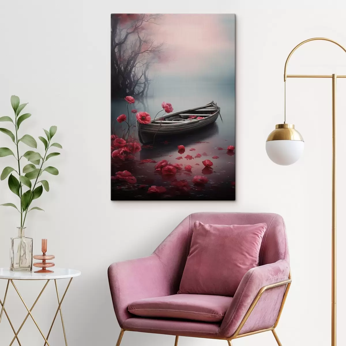 Wandbilder Boot und Mohnblumen auf dem See s43203