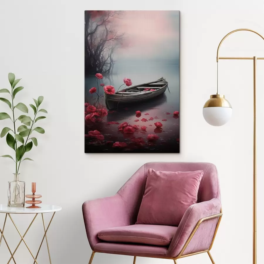 Wandbilder Boot und Mohnblumen auf dem See s43203