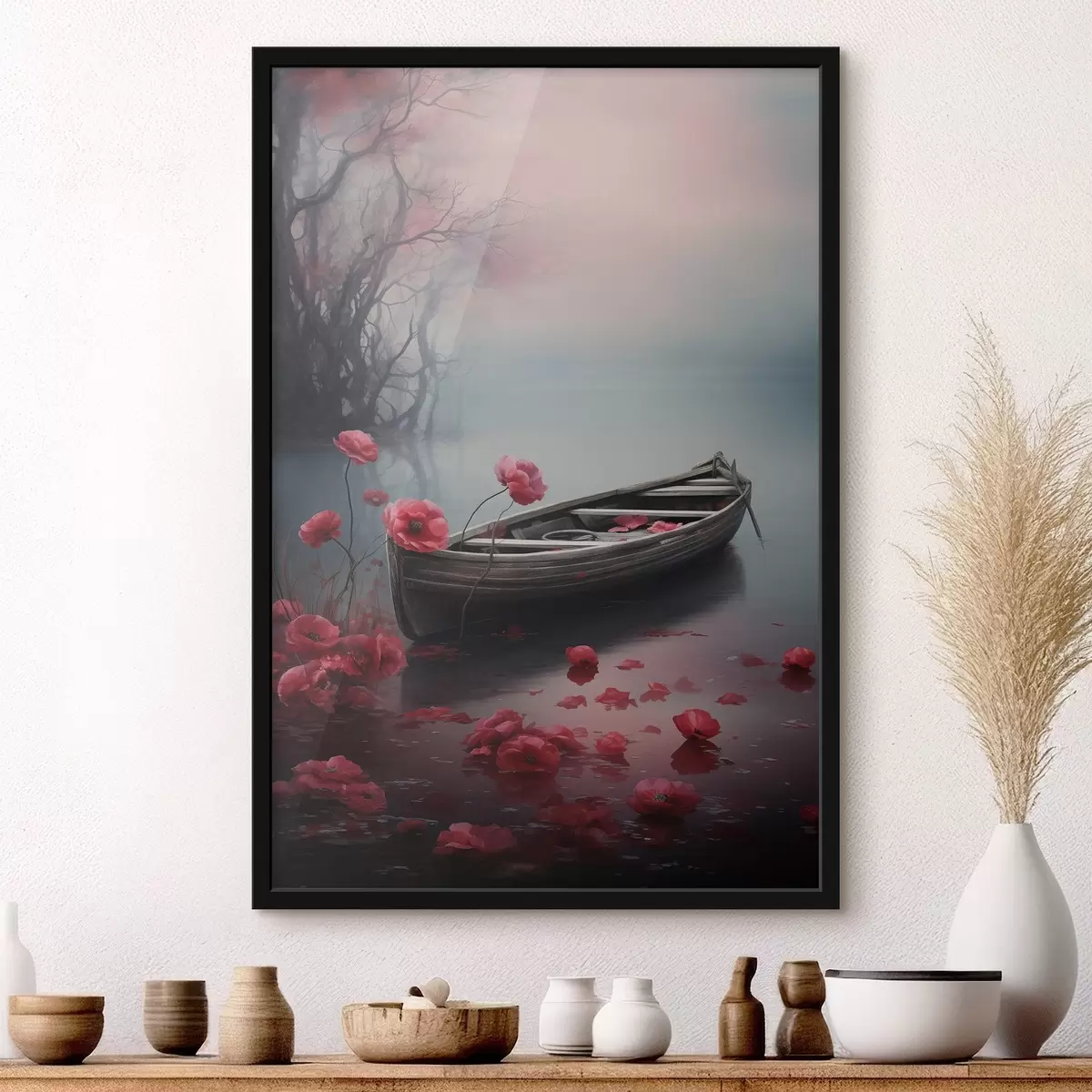 Poster Boot und Mohnblumen auf dem See f43203