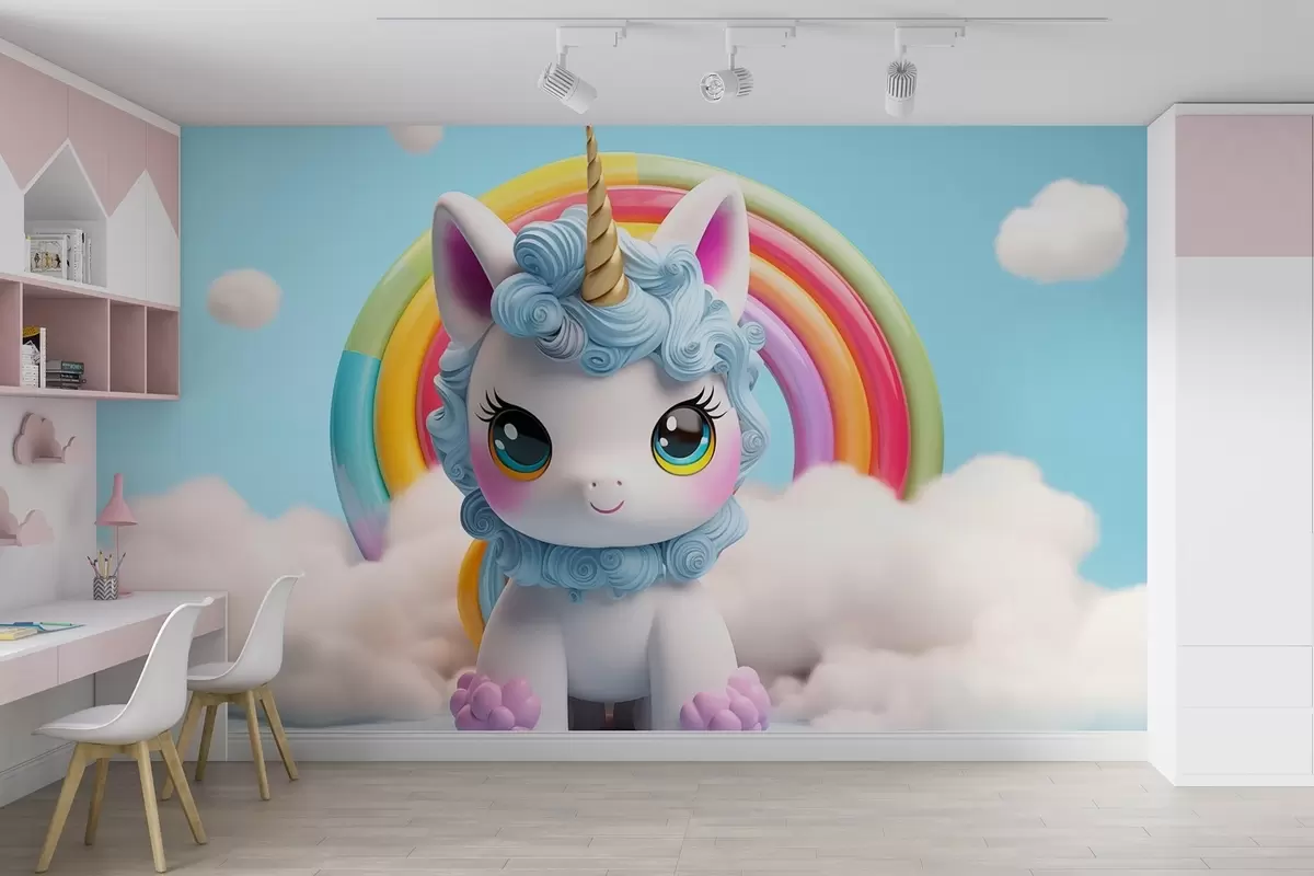 Fototapete Ein niedliches 3D-Einhorn umgeben von Wolken und einem Regenbogen w08848