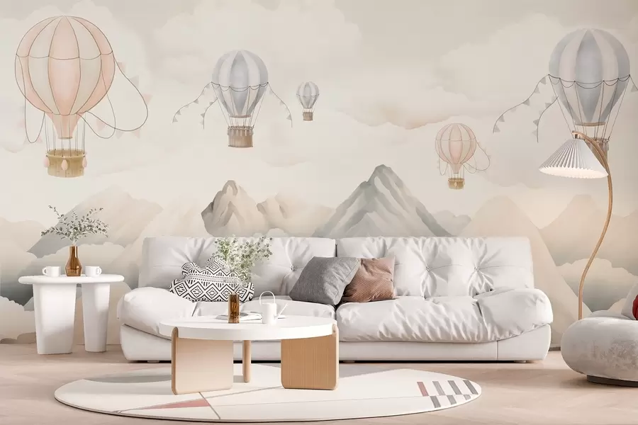 Fototapete Über den Bergen schwebende Heißluftballons in neutralen, sanften Pastelltönen w08853