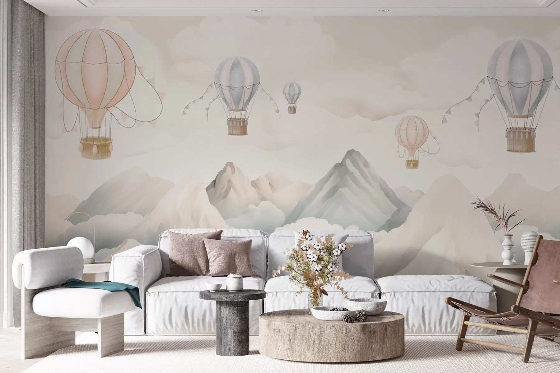 Fototapete Über den Bergen schwebende Heißluftballons in neutralen, sanften Pastelltönen w08853