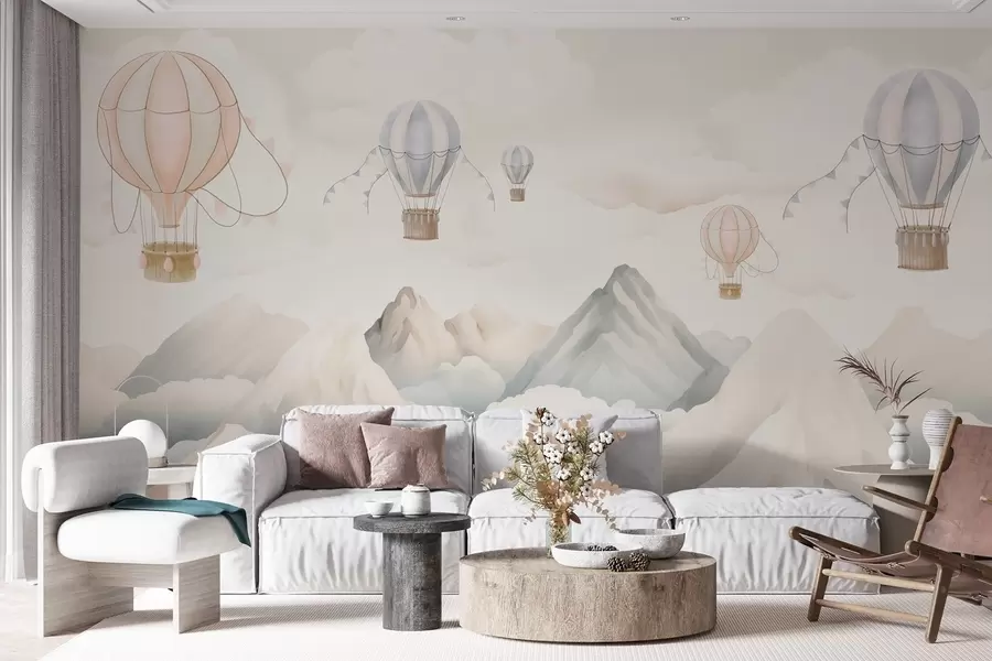 Fototapete Über den Bergen schwebende Heißluftballons in neutralen, sanften Pastelltönen w08853