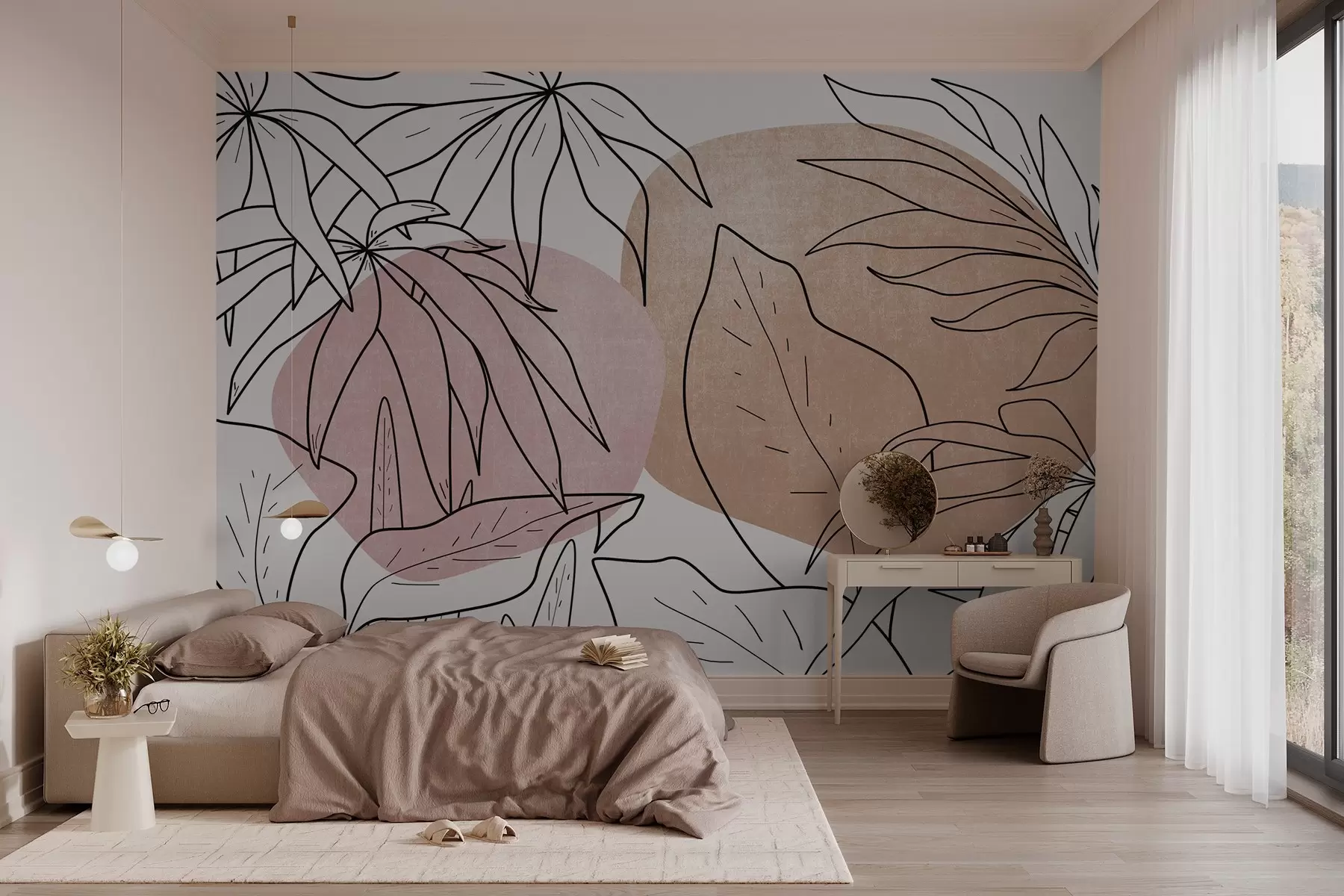 Fototapete Strichzeichnung von Pflanzen auf einem Hintergrund aus Flecken w03278