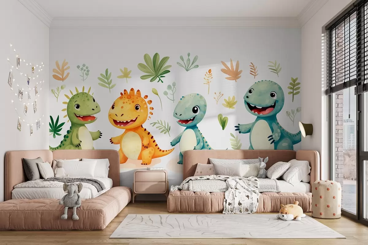 Fototapete Niedliche Dinosaurier und Pflanzen in einem Aquarellstil w08874