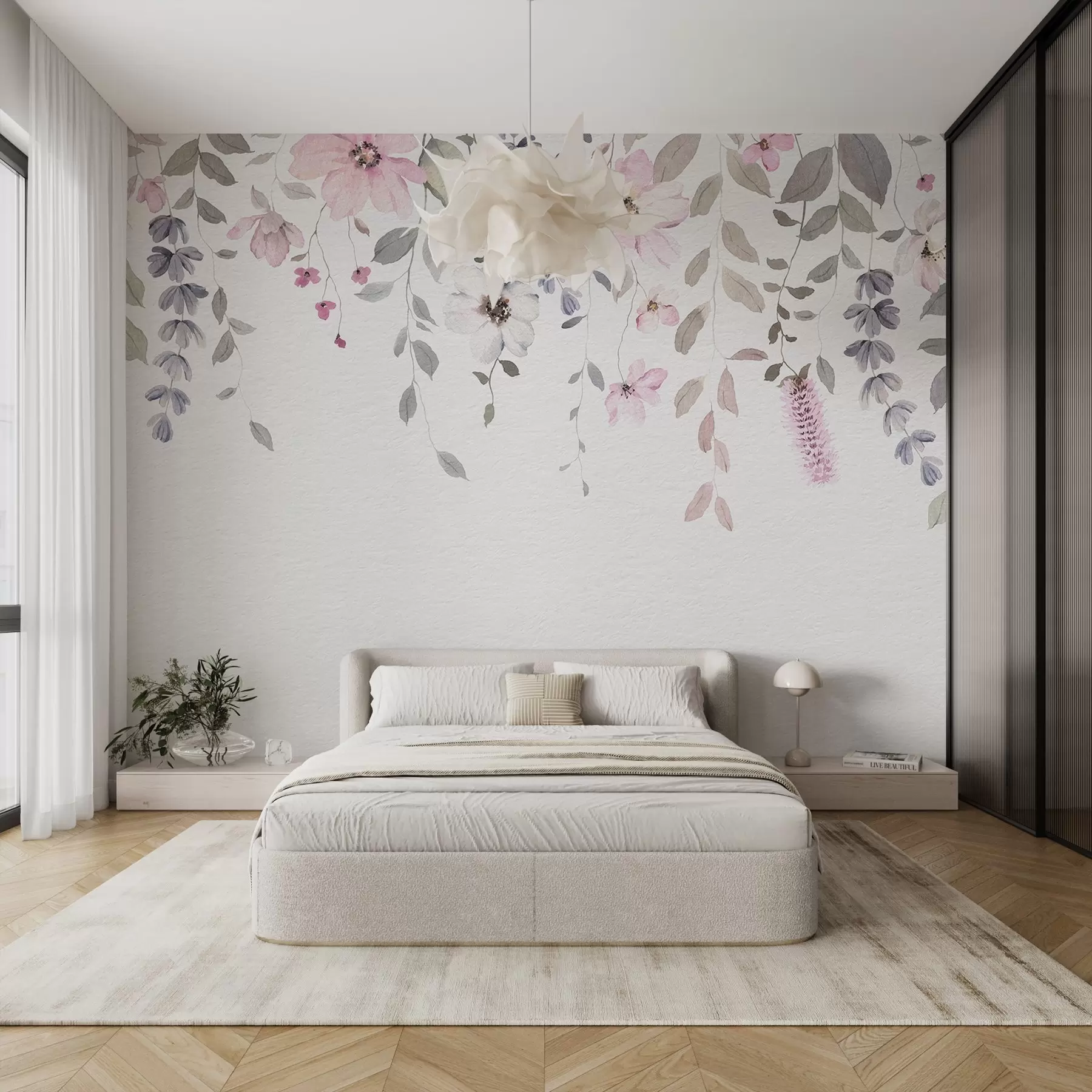 Fototapete Hängende Aquarellblumen und Blätter w03315