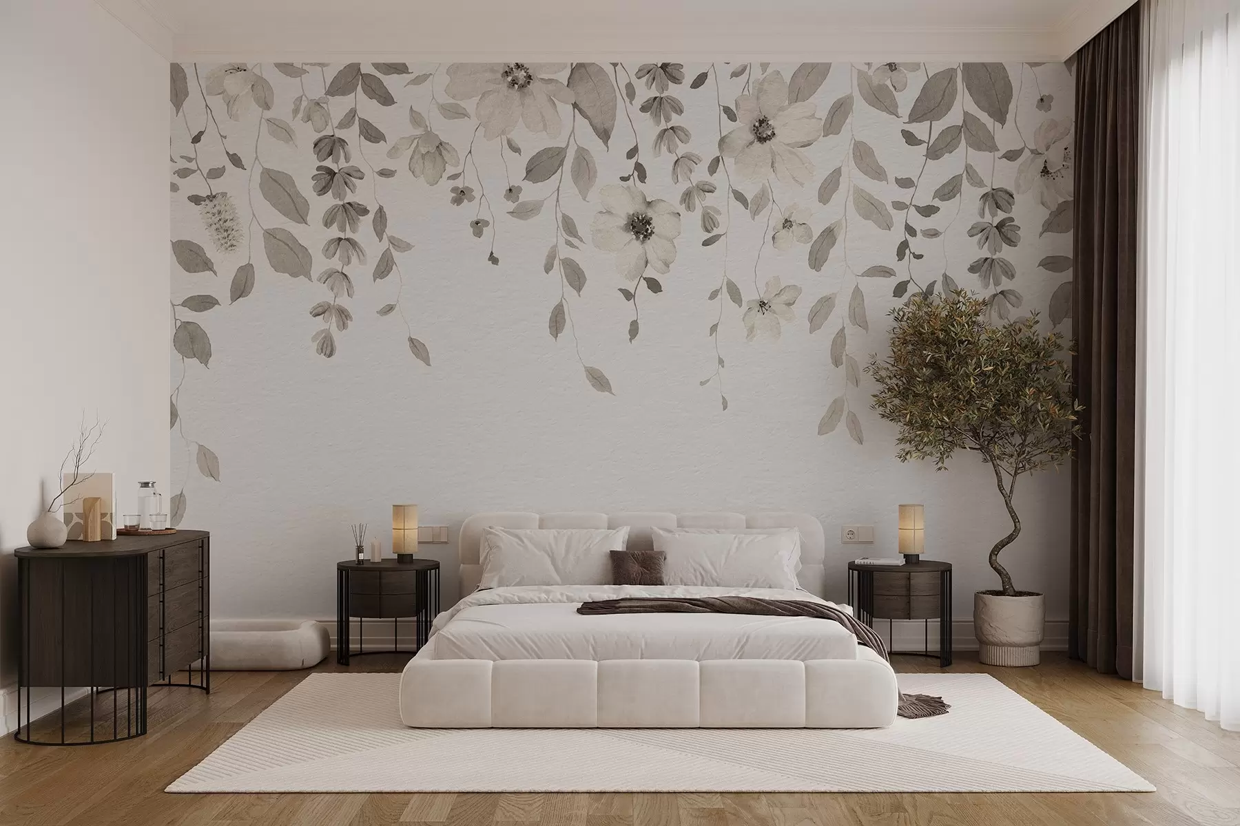 Fototapete Hängende Aquarellblumen und Blätter w03315v1