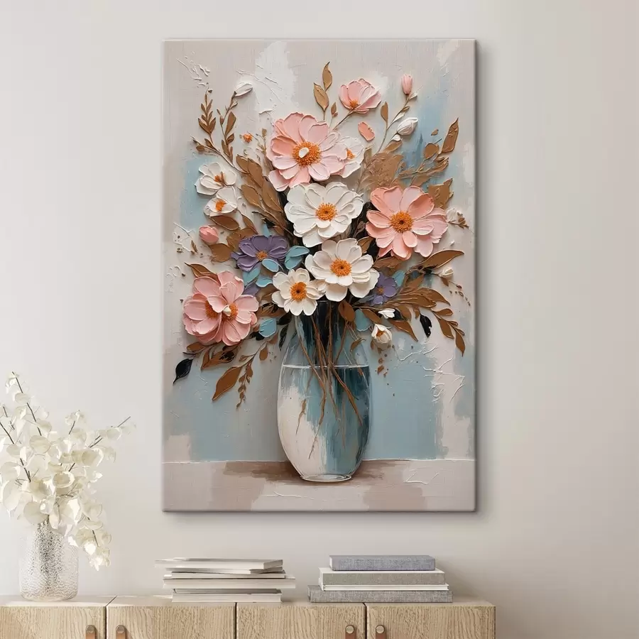 Wandbilder Rosa und weiße Blumen in einer transparenten Vase s43089