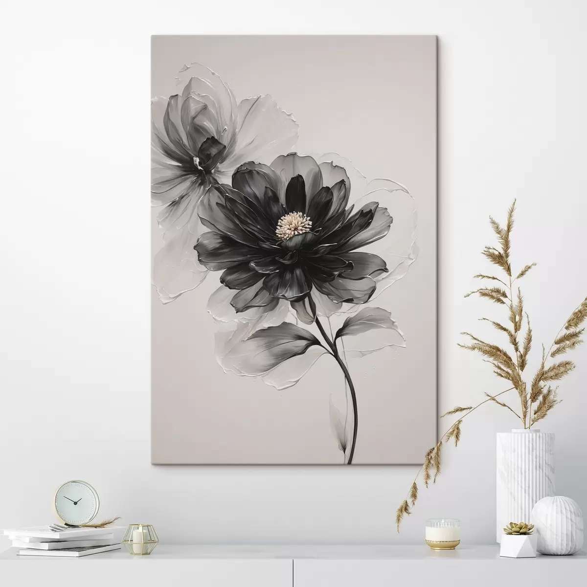 Wandbilder Schwarze transparente Blume auf weißem Hintergrund s43099