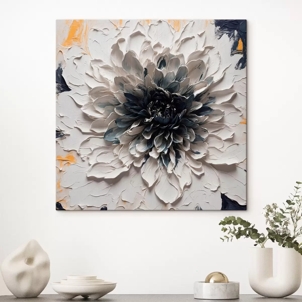 Wandbilder Weiße Blume mit schwarzer Mitte im Stil der Ölmalerei s43113