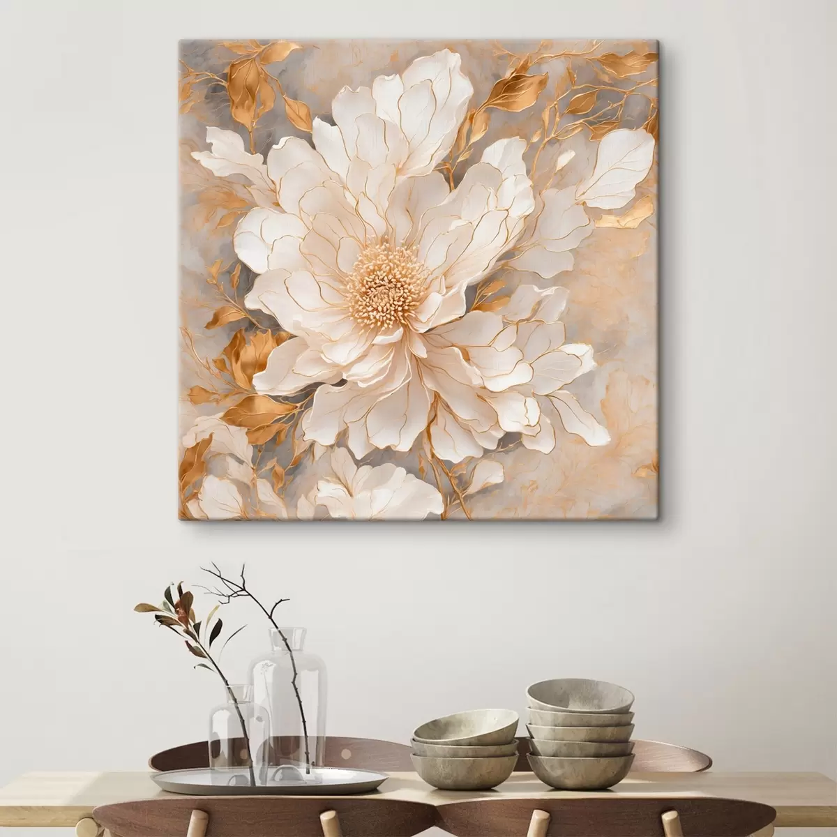 Wandbilder Weiße Blume mit Blättern in Acrylmalerei Stil s43115