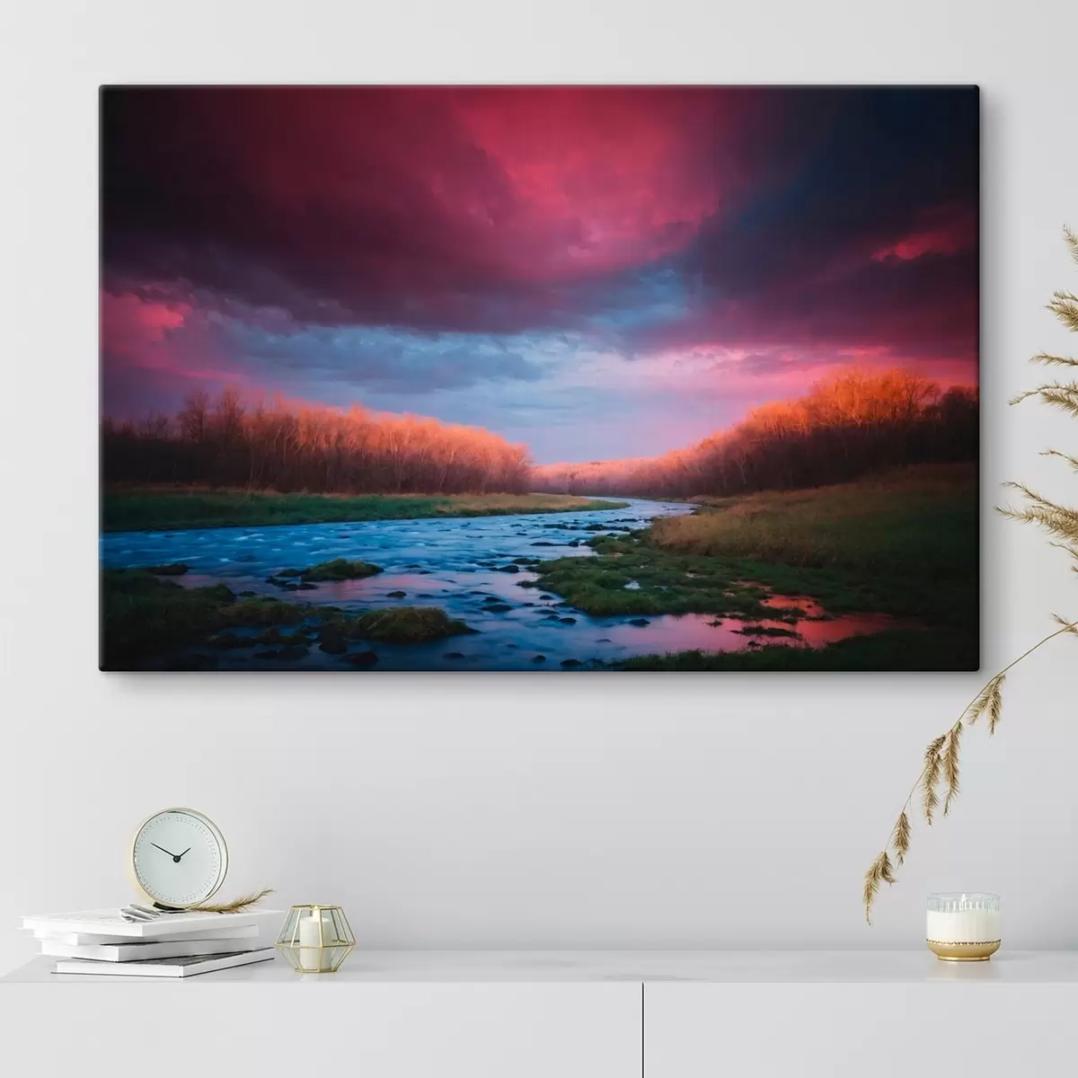 Wandbilder Stream im Feld auf dem Hintergrund der lila Himmel s43120