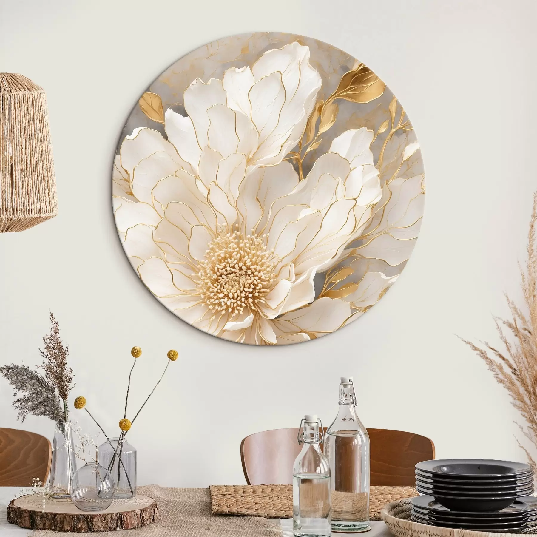 Wandbilder Weiße Blume mit Blättern in Acrylmalerei Stil r43115