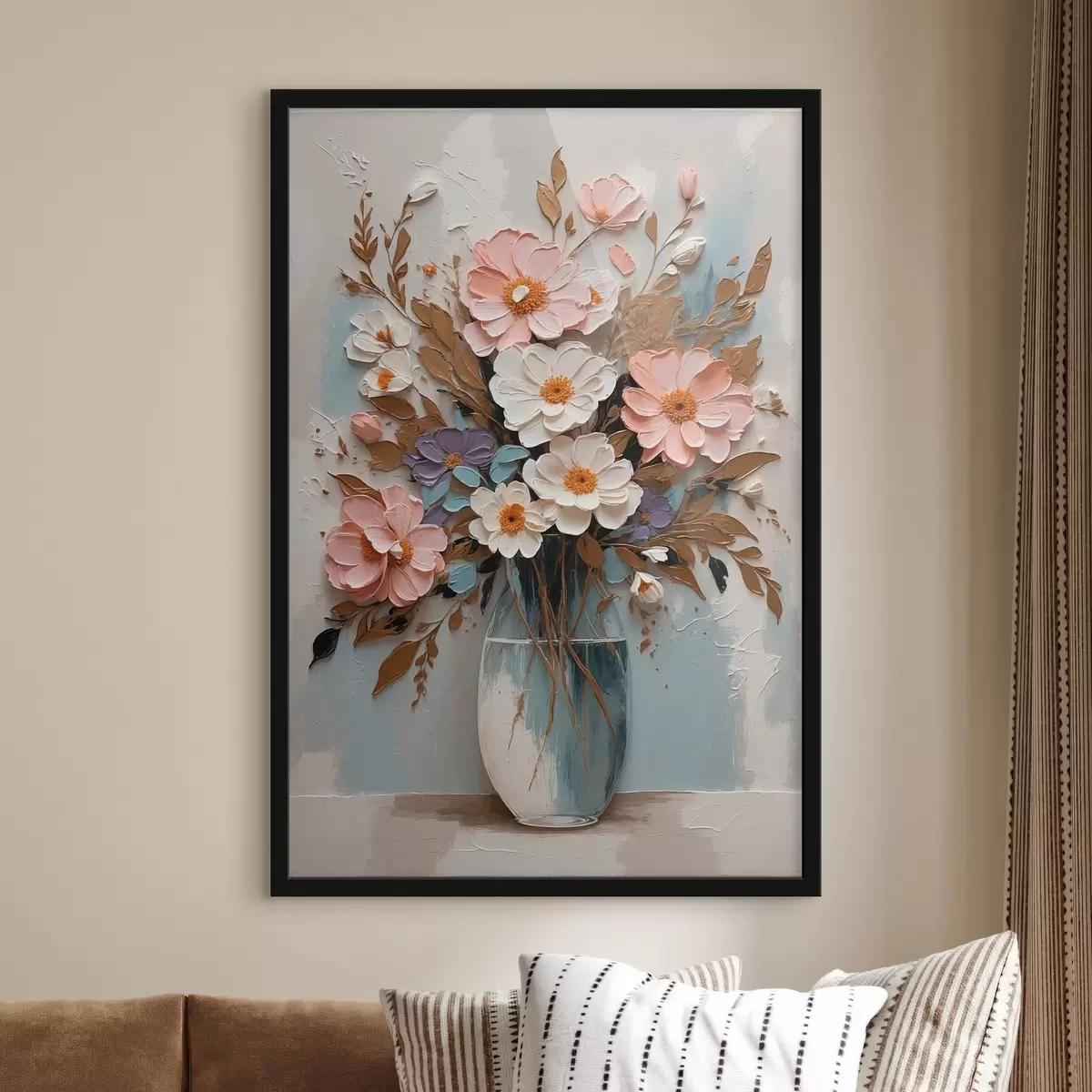 Poster Rosa und weiße Blumen in einer transparenten Vase f43089