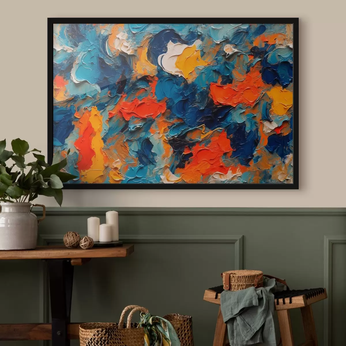 Poster Abstraktes Gemälde im Stil der Ölmalerei mit weißen, blauen und roten Farben f43093