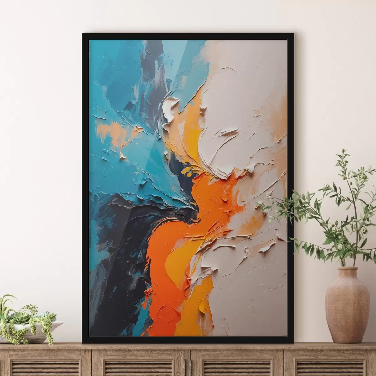 Poster Abstrakte Malerei in Ölmalerei Stil mit orange, blau und weißen Farben f43094