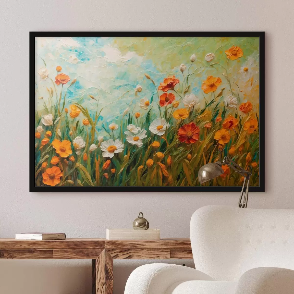 Poster Blumenfeld auf abstraktem Hintergrund mit blauem Himmel f43100