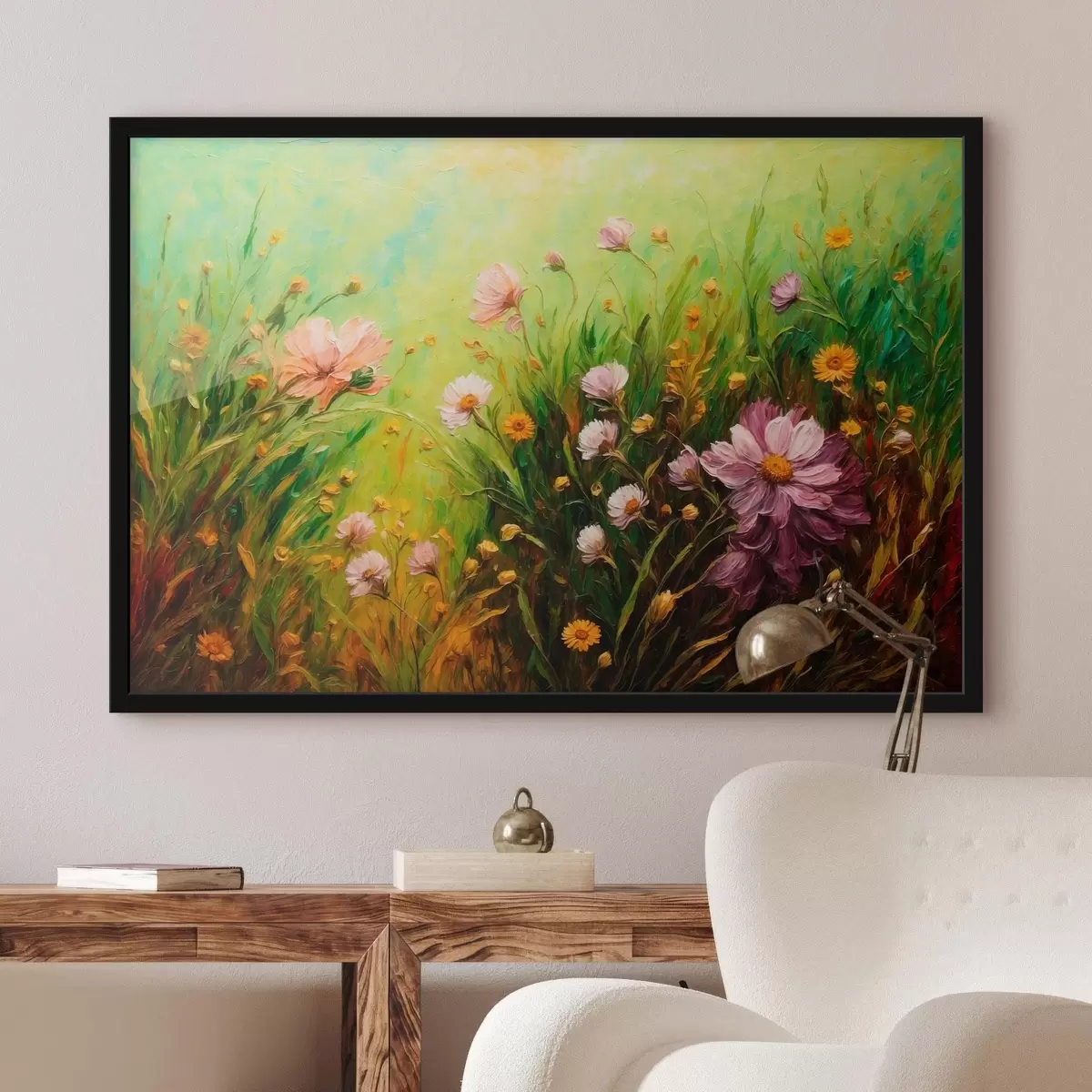 Poster Feld von Blumen auf abstraktem grünem Hintergrund f43101