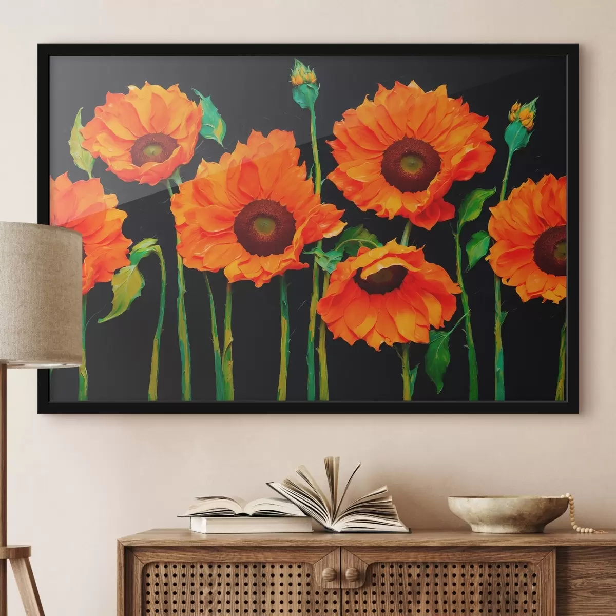 Poster Rote Sonnenblumen auf dunklem Hintergrund f43103