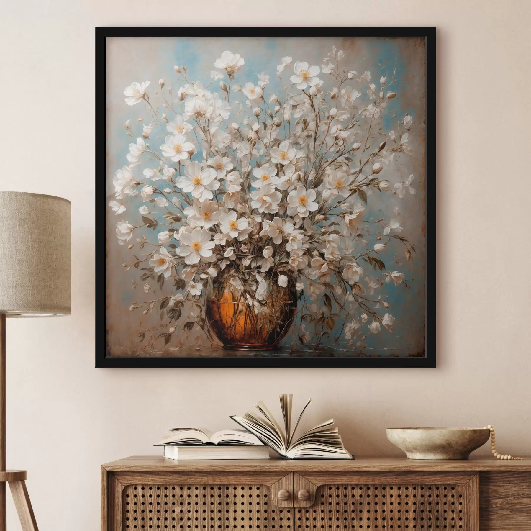 Fototapete Weiße Blumen in Vase auf Acryl-Hintergrund f43107