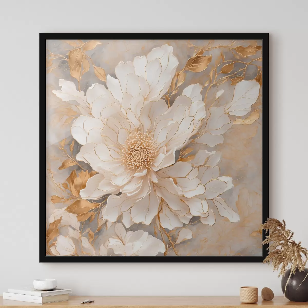 Poster Weiße Blume mit Blättern in Acrylmalerei Stil f43115