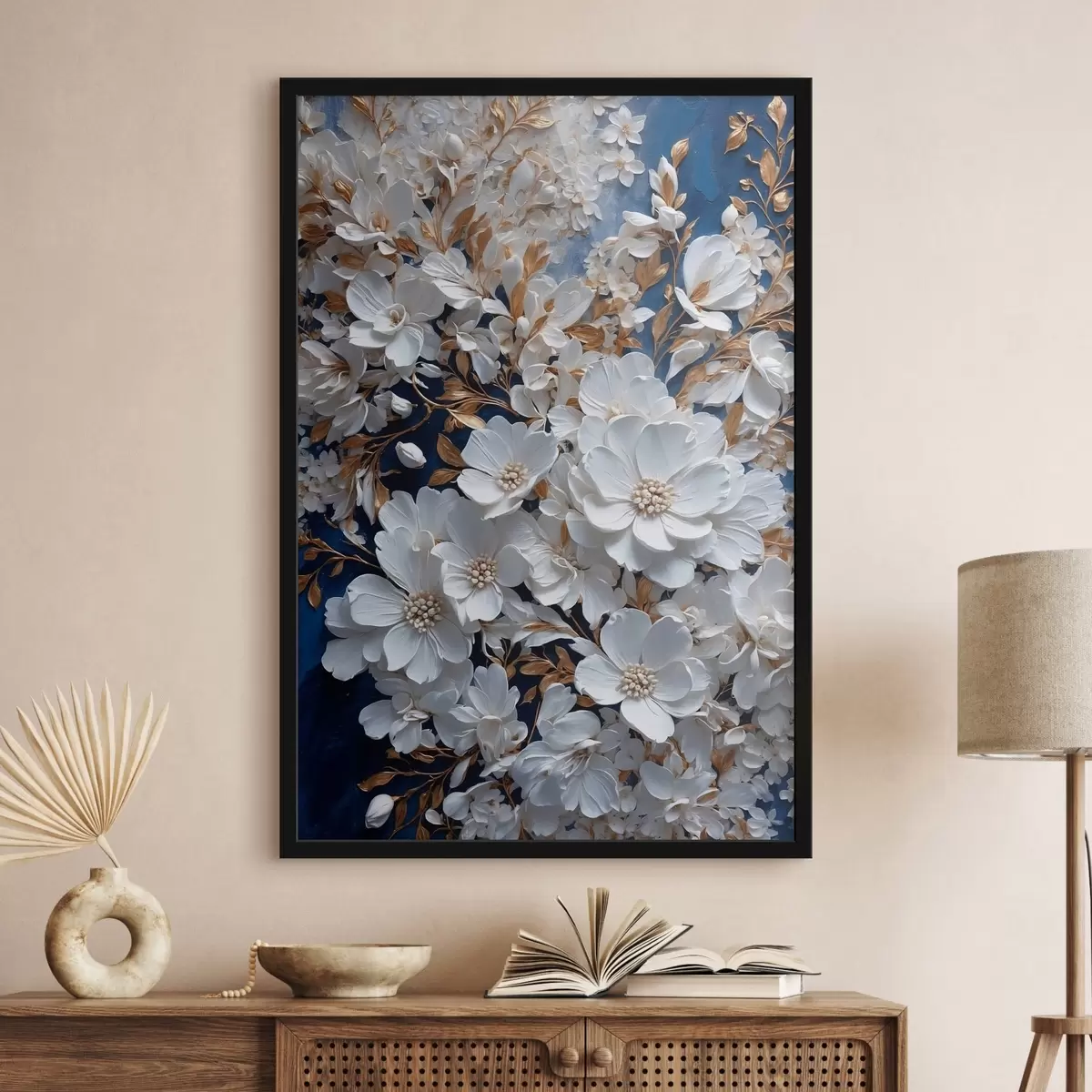 Poster Weiße Blumen auf blauem Hintergrund f43116