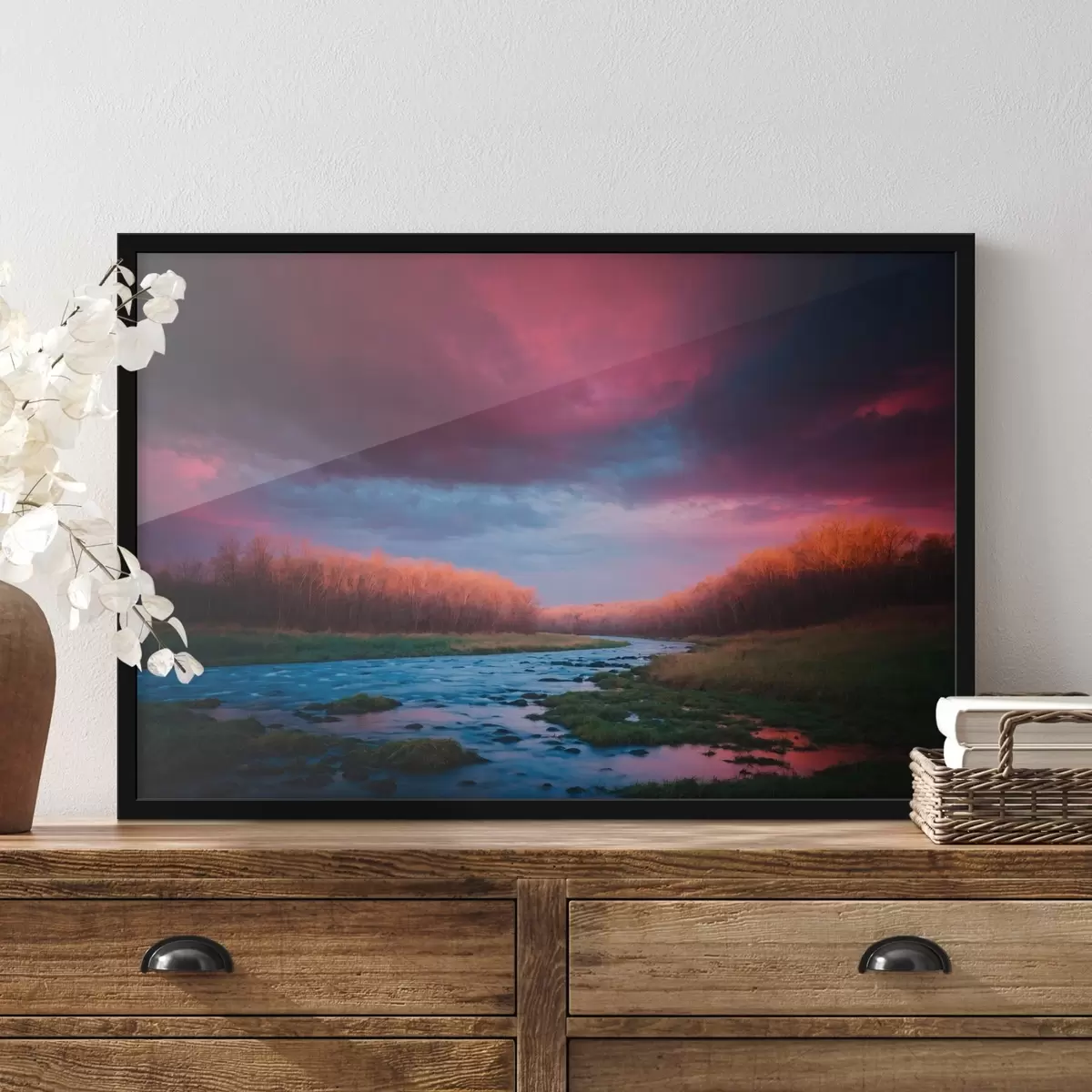 Poster Stream im Feld auf dem Hintergrund der lila Himmel f43120