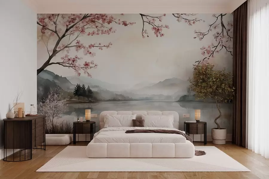 Fototapete ruhige Aquarelllandschaft mit einem See und einem blühenden Baum w03282