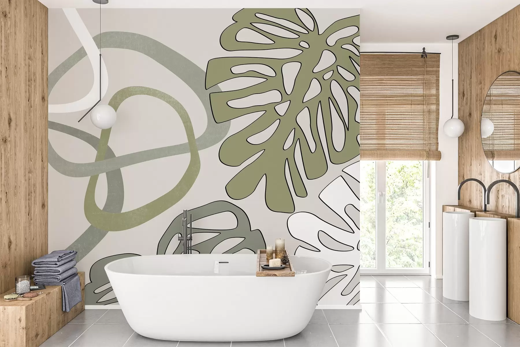Fototapete Monstera-Blätter und abstrakte Formen, Grüntöne w03277v2