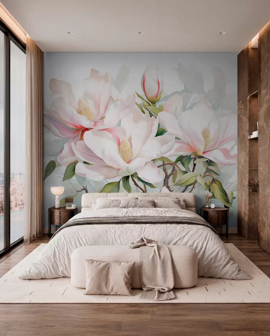 Fototapete Magnolienblüten mit weißen und rosa Blütenblättern, Blättern und braunen Zweigen, weicher und zarter Aquarellstil w08885
