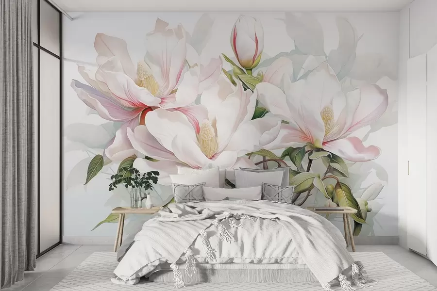 Fototapete Magnolienblüten mit weißen und rosa Blütenblättern, Blättern und braunen Zweigen, weicher und zarter Aquarellstil w08885