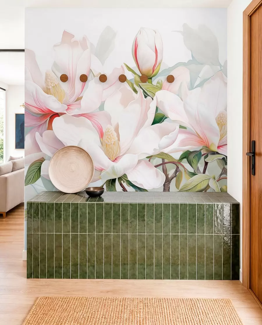 Fototapete Magnolienblüten mit weißen und rosa Blütenblättern, Blättern und braunen Zweigen, weicher und zarter Aquarellstil w08885