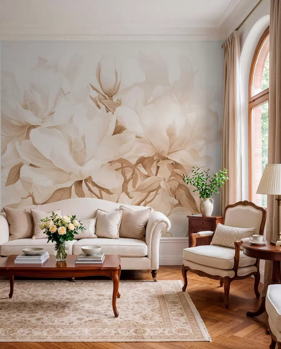 Fototapete Magnolienblüten mit weißen und beigen Blütenblättern, Blättern und braunen Zweigen, weicher und zarter Aquarellstil w08886