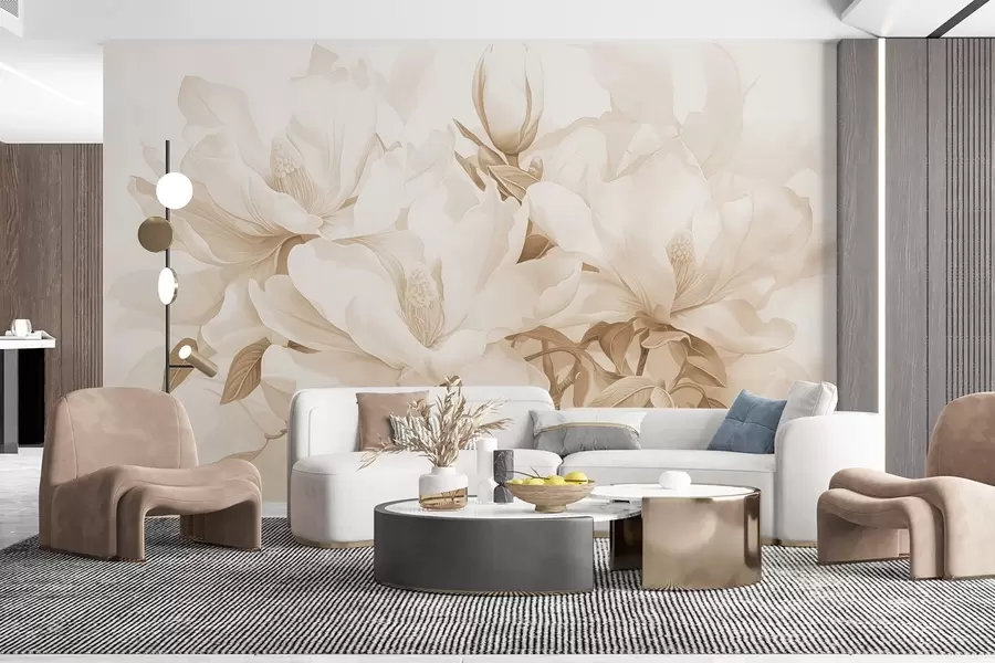 Fototapete Magnolienblüten mit weißen und beigen Blütenblättern, Blättern und braunen Zweigen, weicher und zarter Aquarellstil w08886