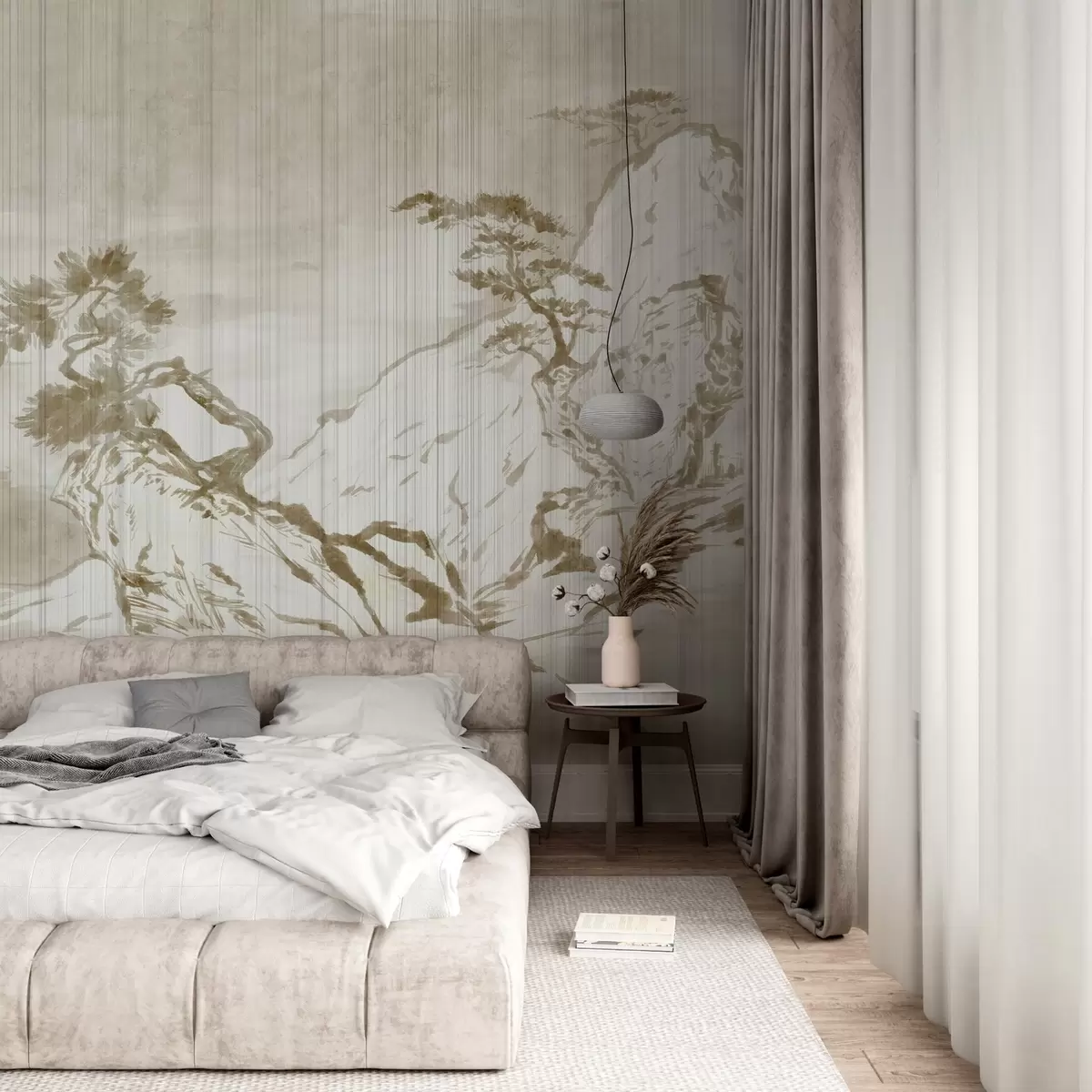 Fototapete Traditionelle chinesische monochrome Landschaftsillustration mit Bergen, Bäumen und Nebel w03379