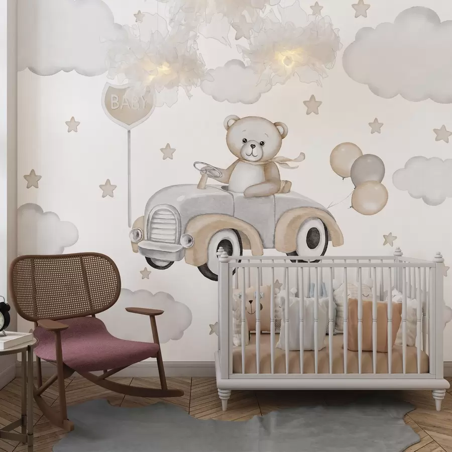 Fototapete Entzückende Illustration eines Teddybären, der einen Oldtimer zwischen Wolken und Sternen fährt w03382