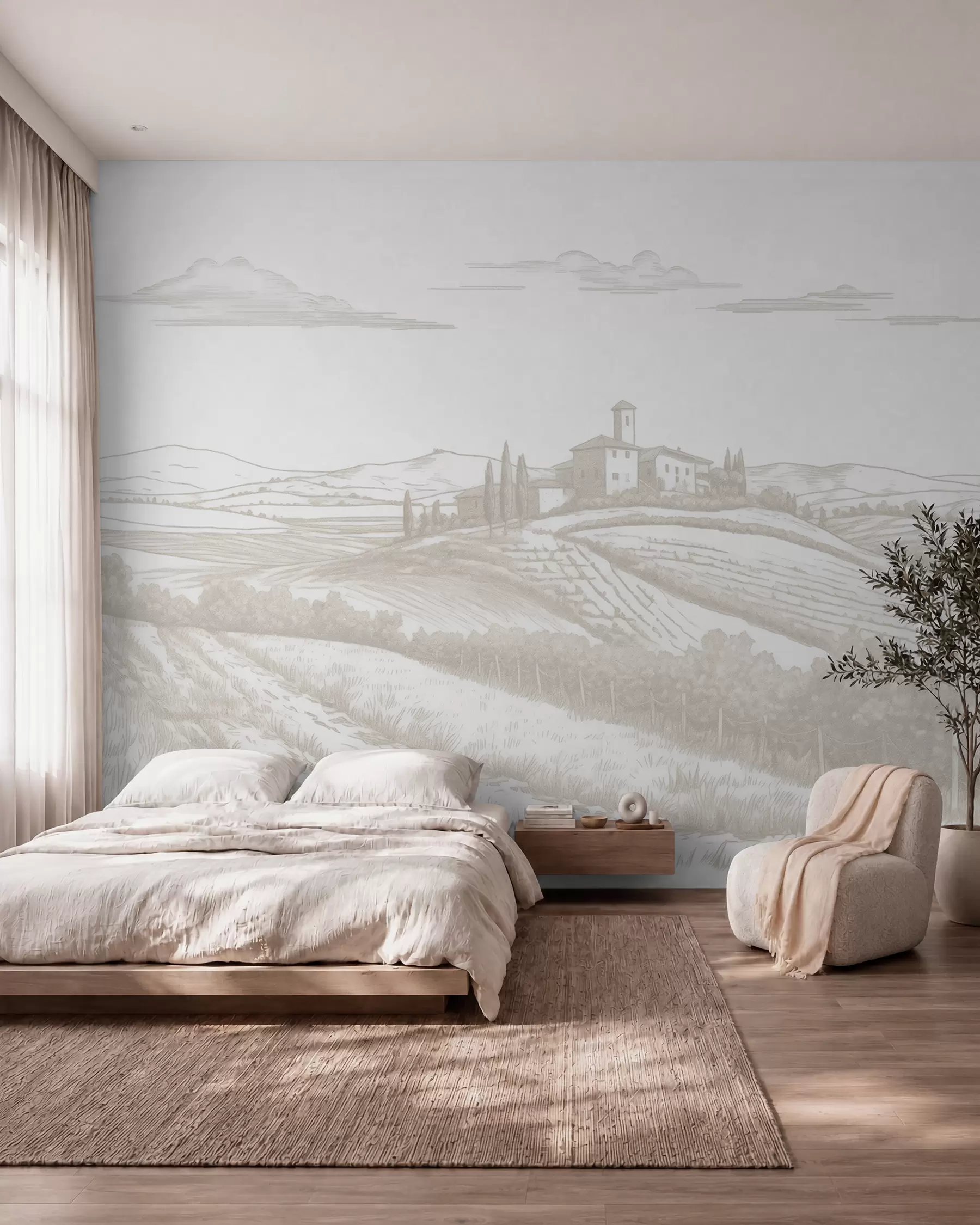 Fototapete Toskana Landschaften, Italien, Weinberge, Natur, alte Burg, beige Farben w03349