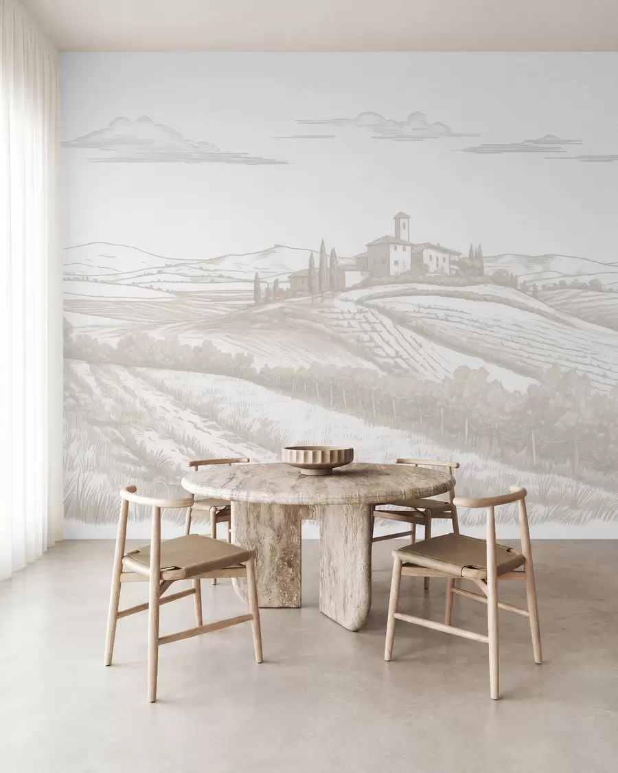 Fototapete Toskana Landschaften, Italien, Weinberge, Natur, alte Burg, beige Farben w03349