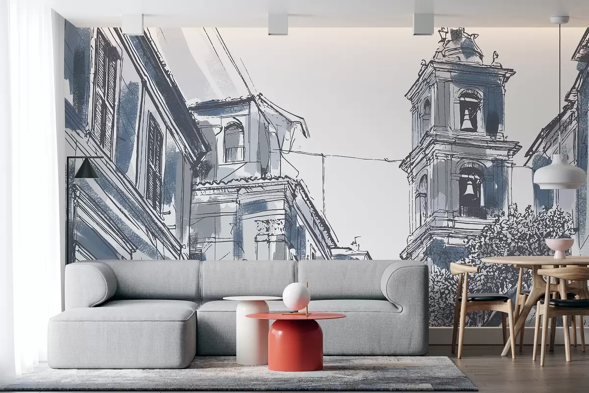 Fototapete Mediterrane Stadt Straße, Kapelle, Architektur, grau und blau Farben w03350