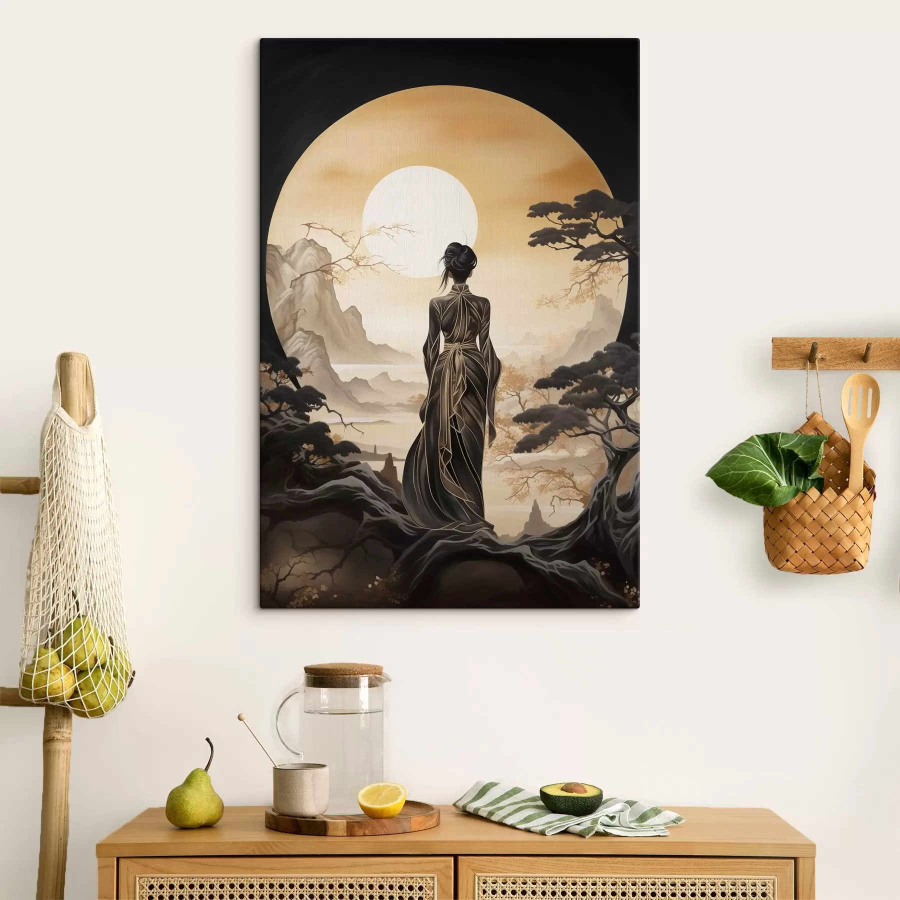 Wandbilder Menschen, Japan, Mädchen bei Sonnenuntergang vor dem Hintergrund von Sakura und Bergen s43256