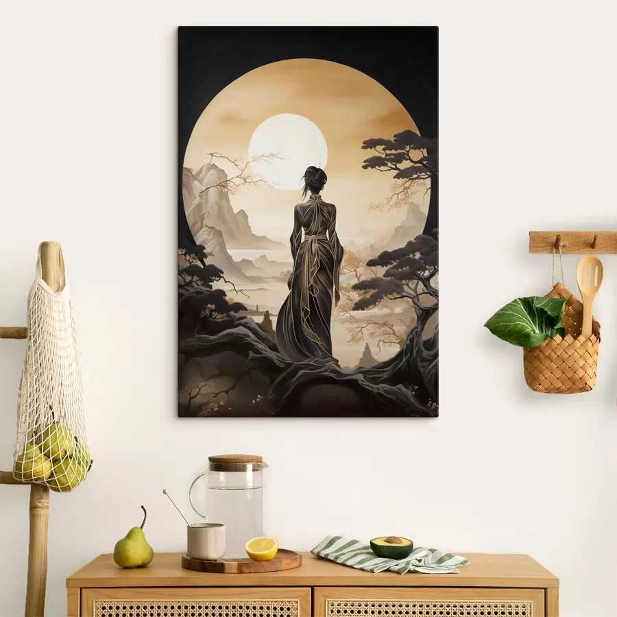 Wandbilder Menschen, Japan, Mädchen bei Sonnenuntergang vor dem Hintergrund von Sakura und Bergen s43256