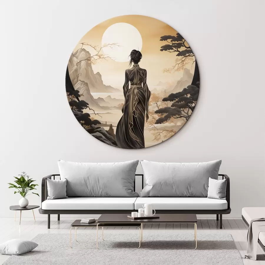 Wandbilder Menschen, Japan, Mädchen bei Sonnenuntergang vor dem Hintergrund von Sakura und Bergen r43256