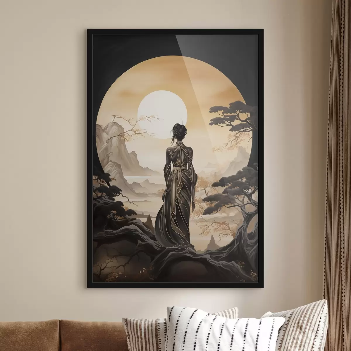 Poster Menschen, Japan, Mädchen bei Sonnenuntergang vor dem Hintergrund von Sakura und Bergen f43256
