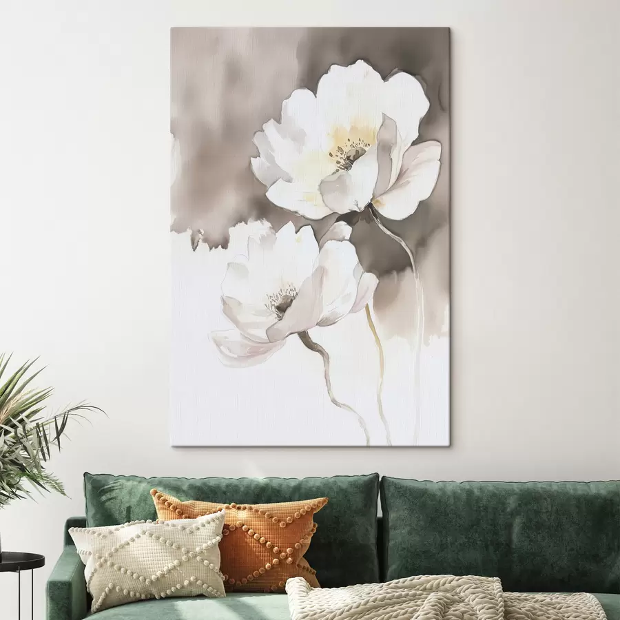 Wandbilder Weiße Blumen auf braunem Hintergrund im Stil der Aquarellmalerei s43297