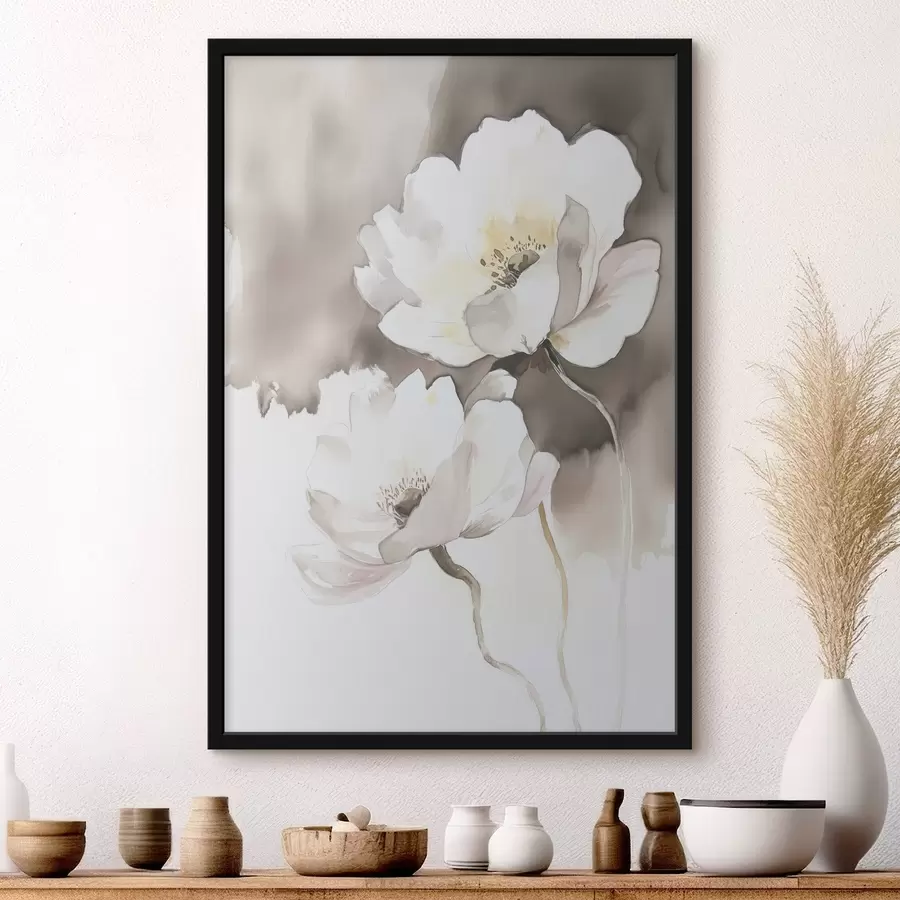 Fototapete Weiße Blumen auf braunem Hintergrund im Stil der Aquarellmalerei f43297