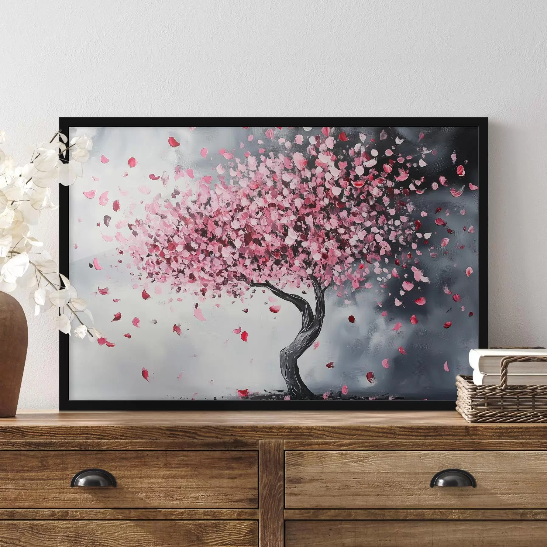 Fototapete Rosa blühender Baum auf grauem Hintergrund f43299