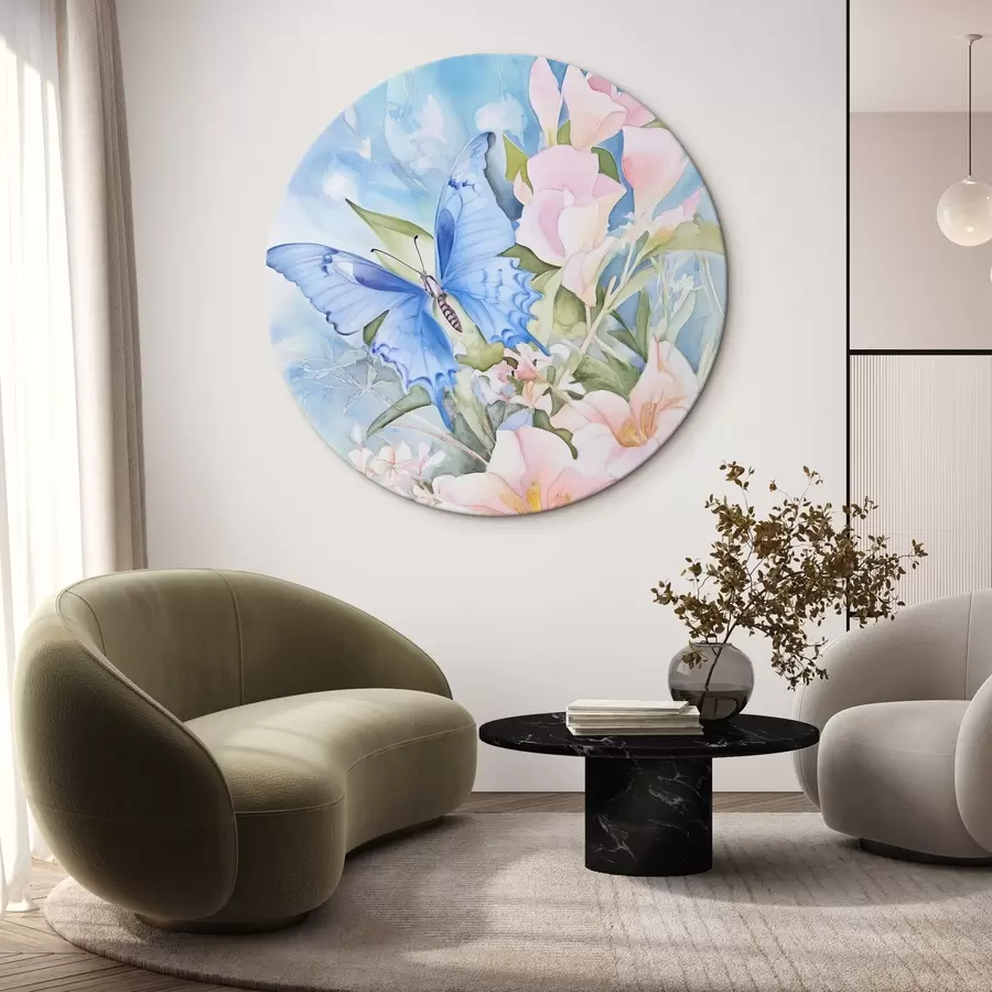 Wandbilder Blauer Schmetterling und rosa Blumen r43296