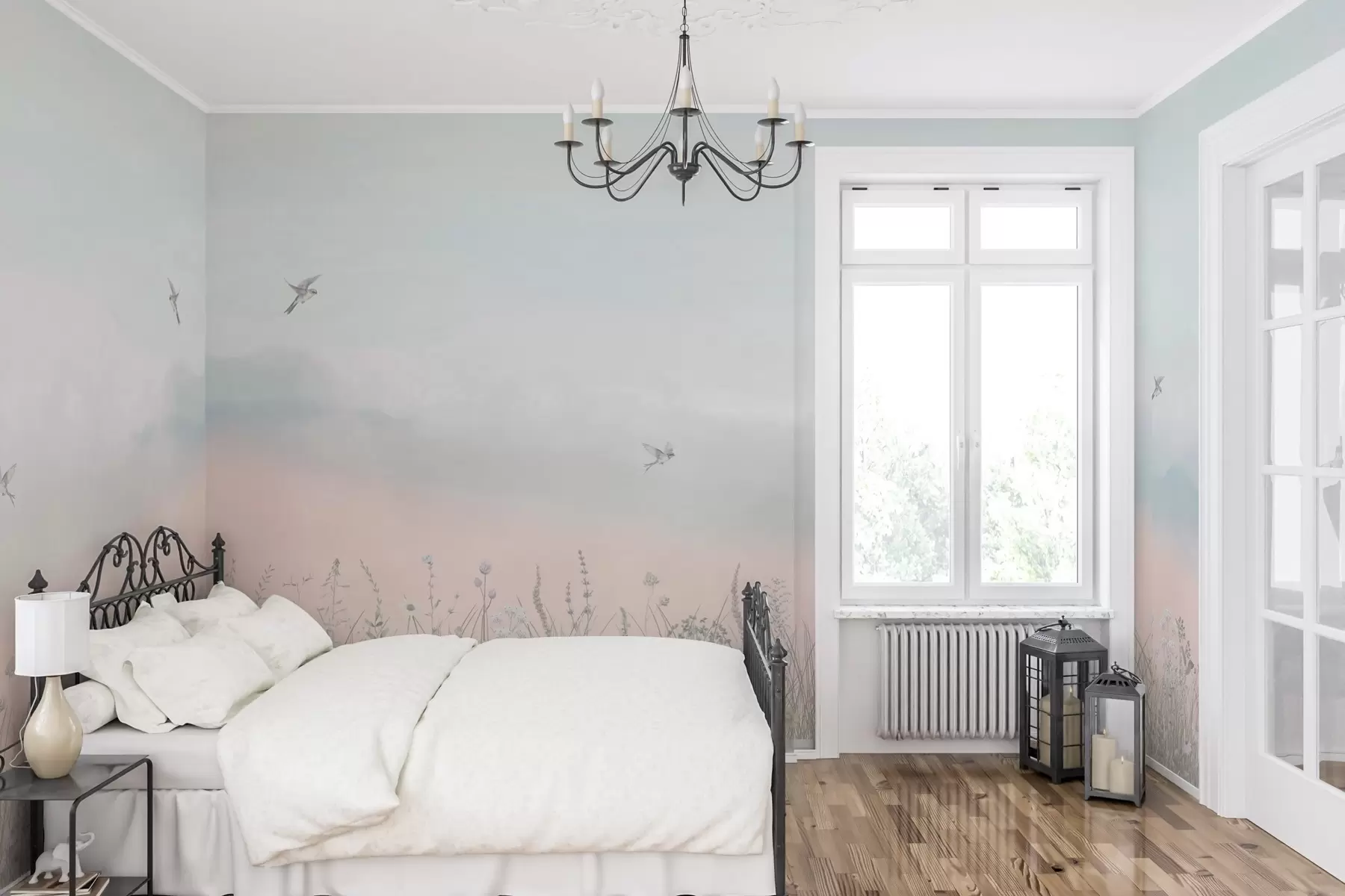 Fototapete Wilde Blumen und dunstiger Himmel w03391